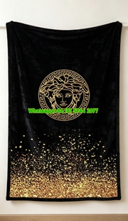 Black and Gold Versace Glitter Medusa Logo Fleece Throw Blanket IMG_1373